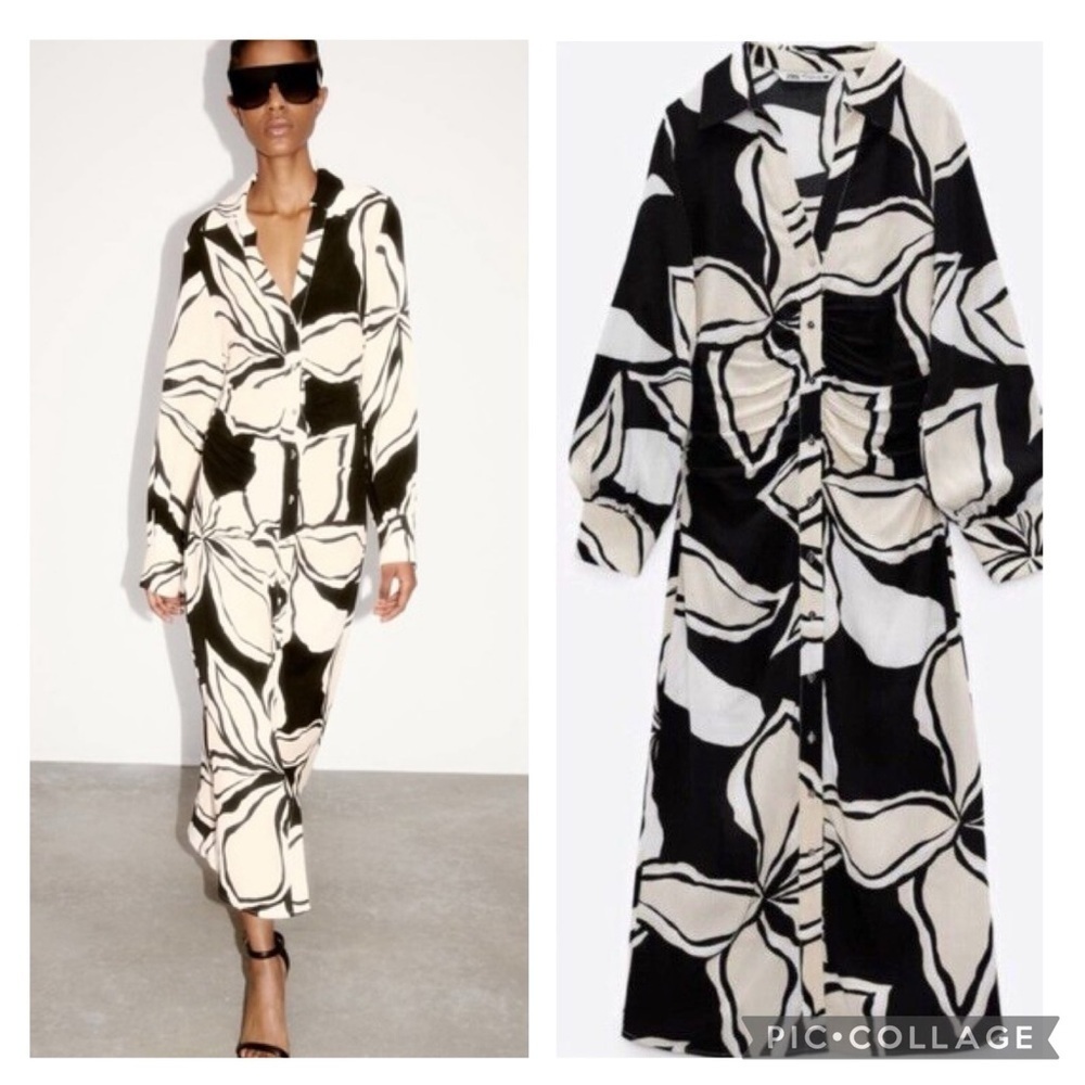 Zara Black & Ecru Floral Midi Shirtdress Size Small NWT
